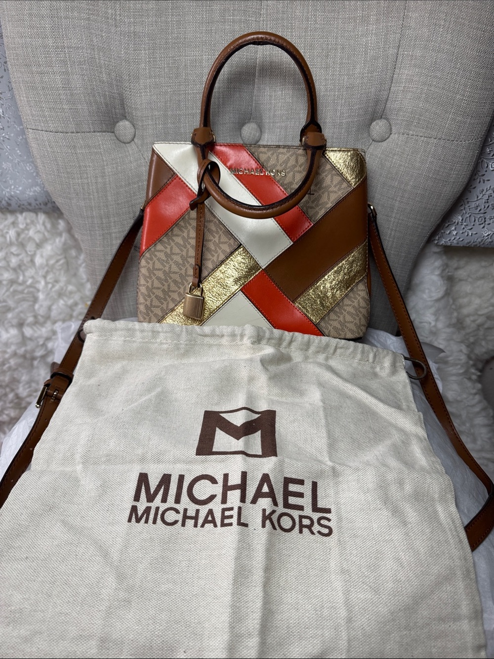 Michael Kors Brown Multicolor Patchwork Satchel with Gold Accents